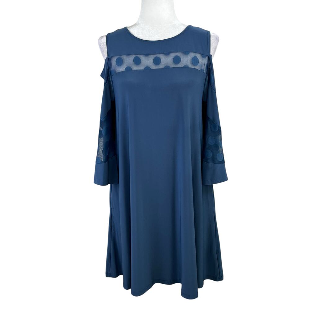 Nina Leonard Blue Moon Mesh Inlay Cold Shoulder Mini Shift Dress M NWT